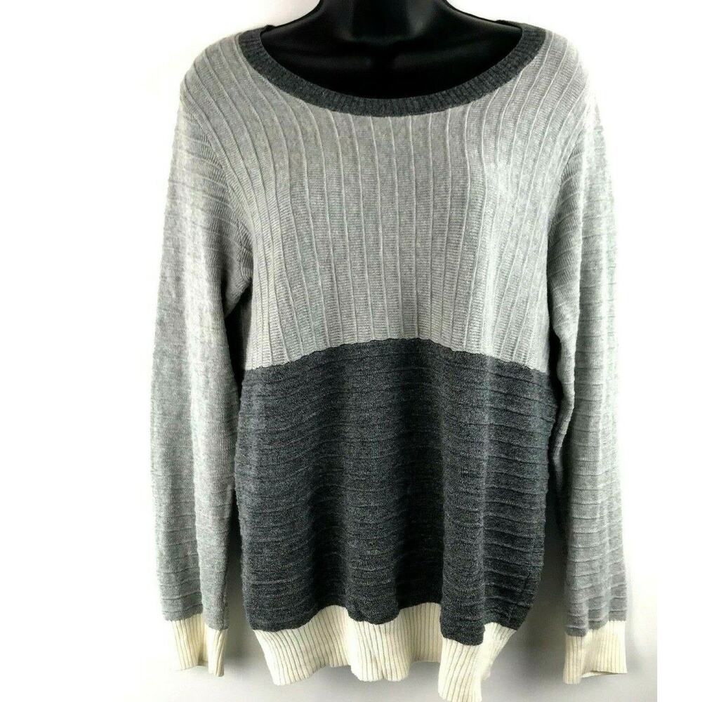 Madewell Gray Sweater Wool Blend Ribbed Ivory accents Size Medium